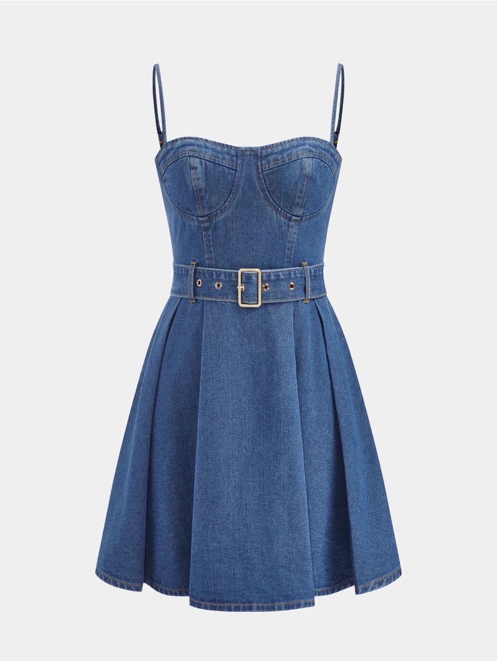 Commense Blue Denim Belted Cami Mini Dress
